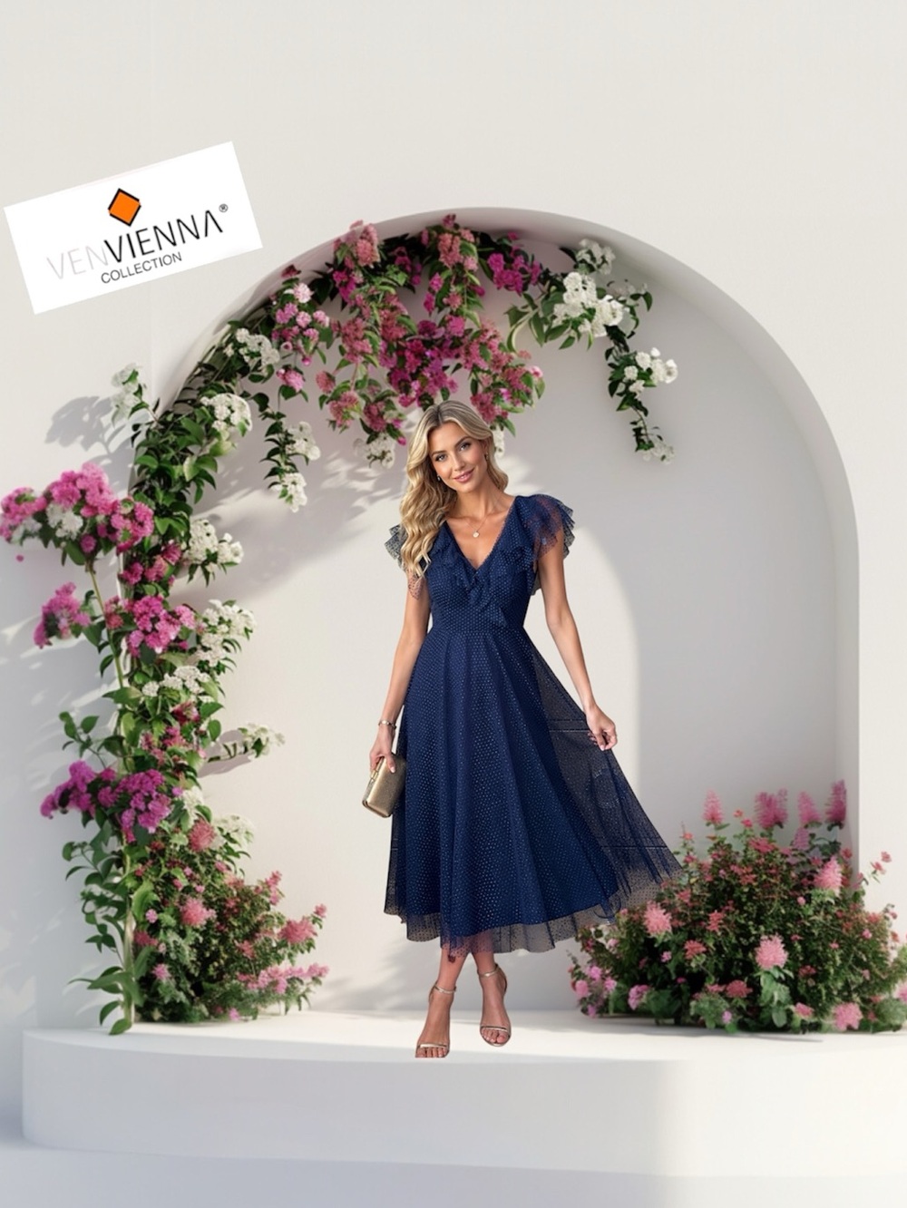 Venvienna Polka Dot Navy Blue Lace Midi Dress with Ruffles Details